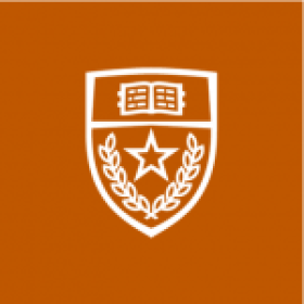The official shield of the University of Texas, burnt orange background and white text in classic Roman style
