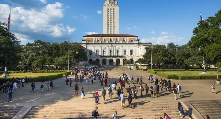 Tower with students on the Main Mall